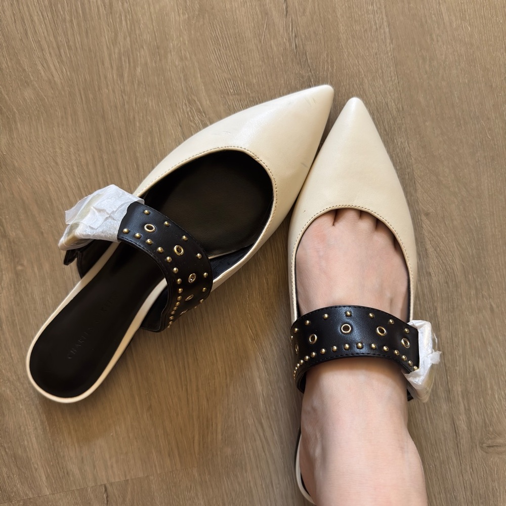 US6/7 Charles & Keith Chic Cream and Black Studded Mules